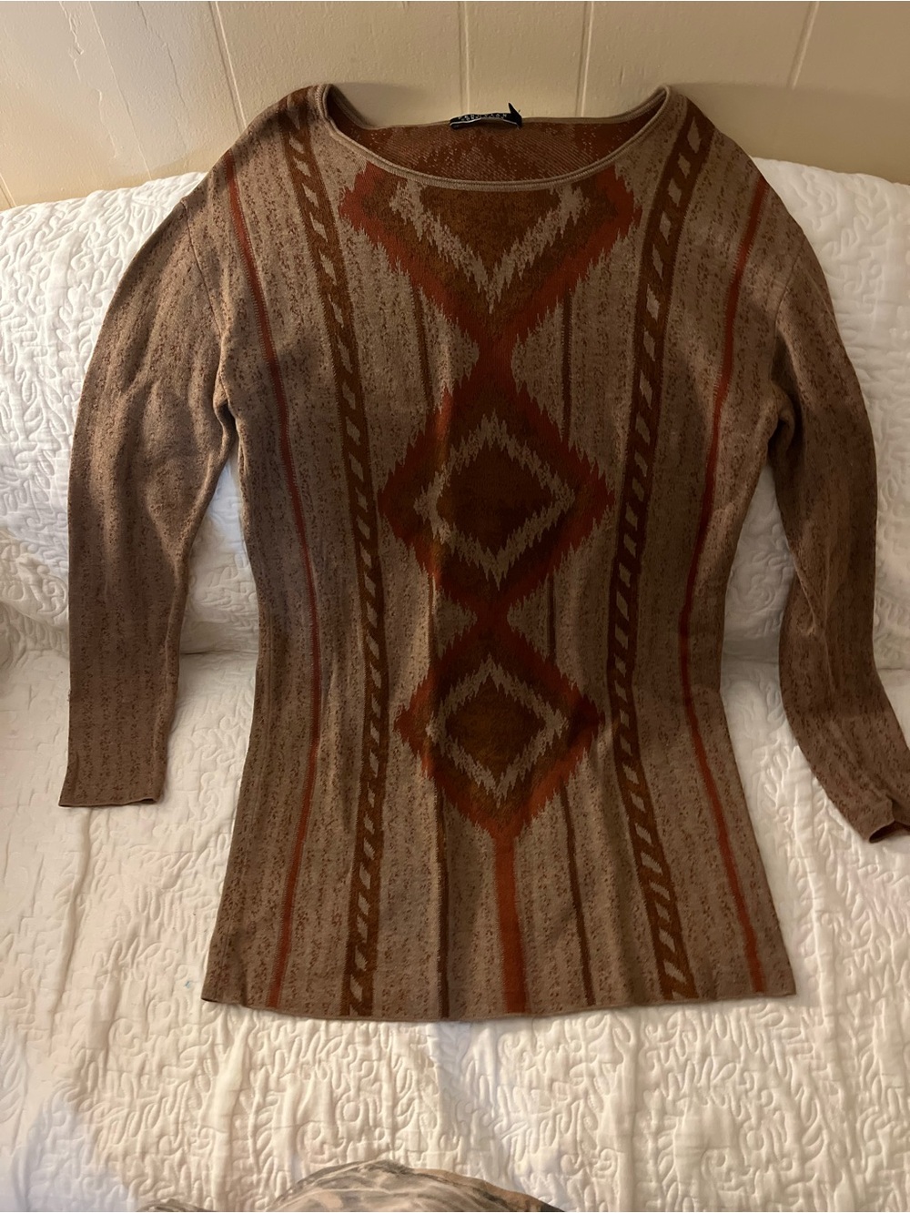 Peruvian Connection Brown & Rust Aztec Crewneck Sweater